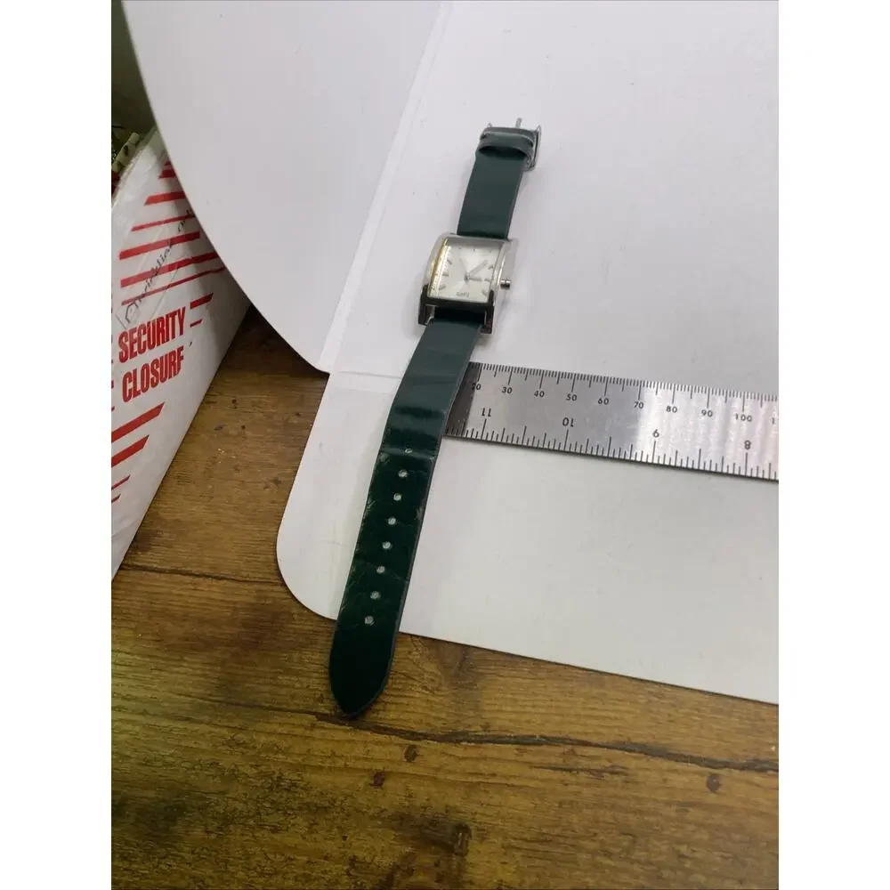Womens Silver Rectangle Green Watch Works New Battery